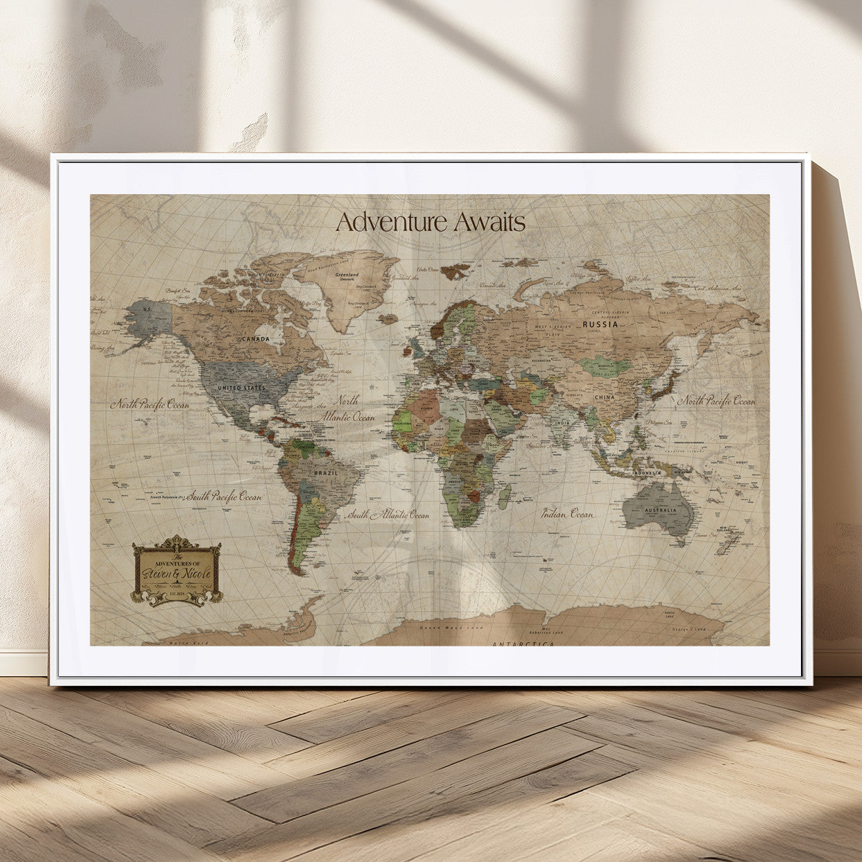 Custom Push Pin World Map Wall Canvas Print – Personalized Travel Tracker with Pins – Framed Custom Quotie Canvas for Home Office Decor