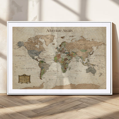 Custom Push Pin World Map Wall Canvas Print – Personalized Travel Tracker with Pins – Framed Custom Quotie Canvas for Home Office Decor