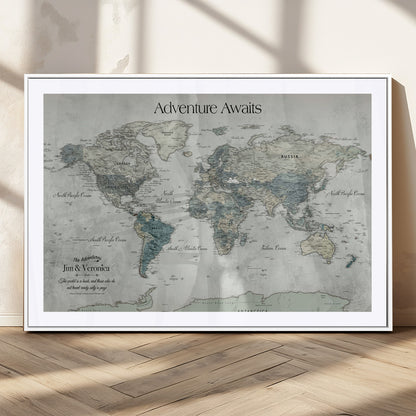 Customize Push Pin World Map Wall Canvas Print – Personalized Travel Tracker with Pins – Framed Custom Quotie Canvas for Home Office Decor