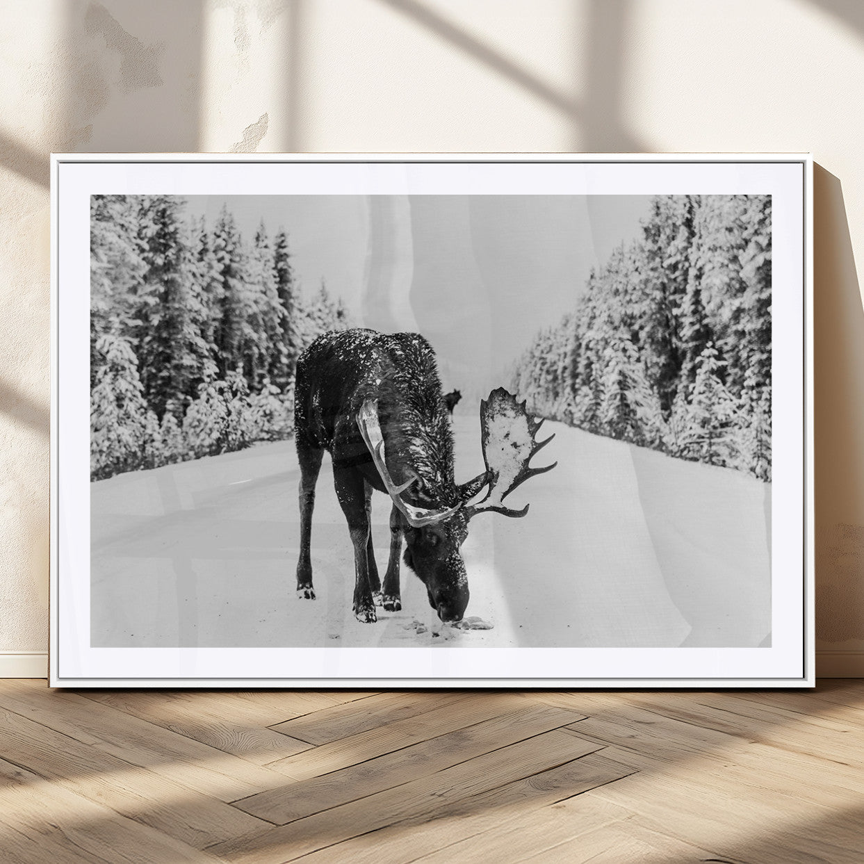 A majestic moose grazing in the snow-covered wilderness, surrounded by snow-covered trees, creating a peaceful winter scene.