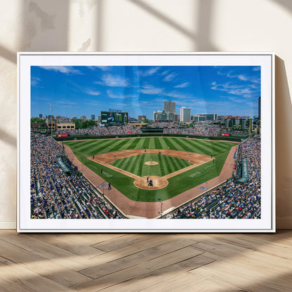 Wrigley Field Baseball Stadium Canvas Wall Art, Packed Crowd Sports Stadium Print, City Skyline Baseball Field Canvas for Game Room Decor