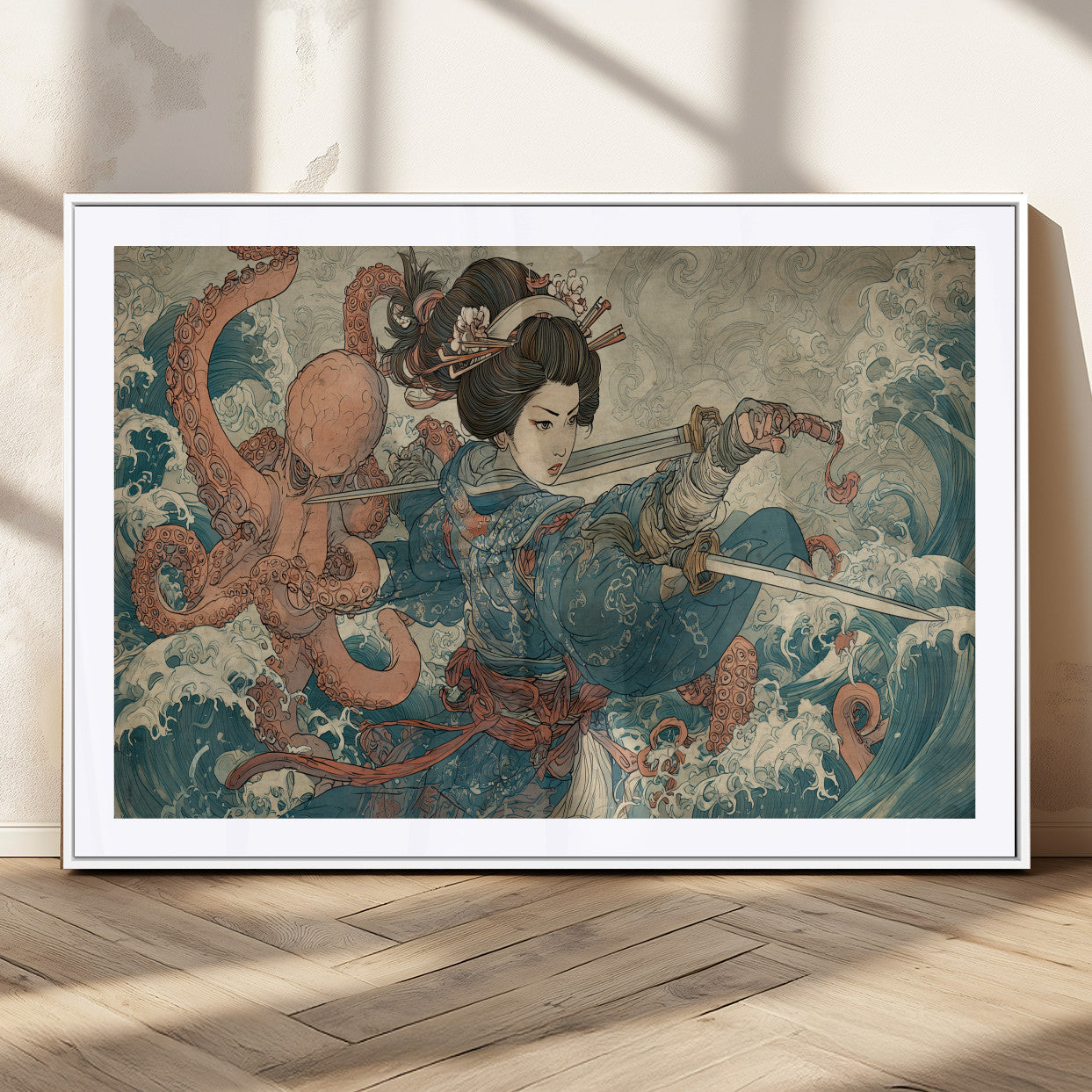 Tsukioka Yoshitoshi Samurai Wall Art Print, Japanese Katana Warrior Canvas Wall Art, Octopus Sea Monster Canvas Print,