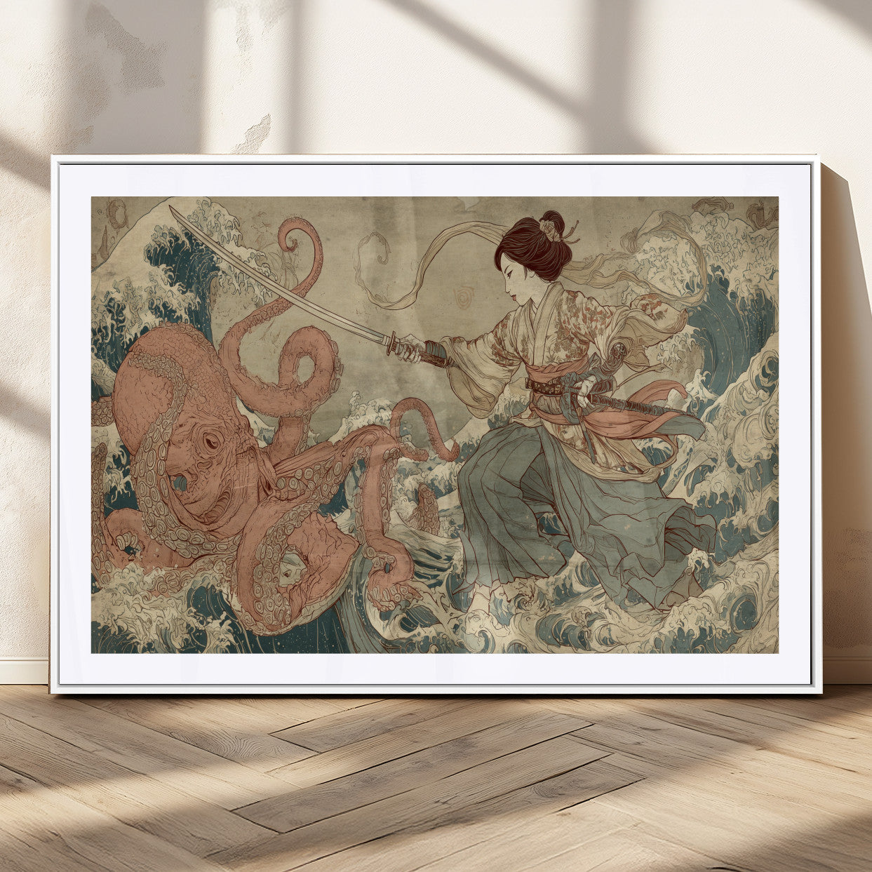 Tsukioka Yoshitoshi Samurai Wall Art Print, Japanese Katana Warrior Canvas Wall Art, Octopus Sea Monster Canvas Print,