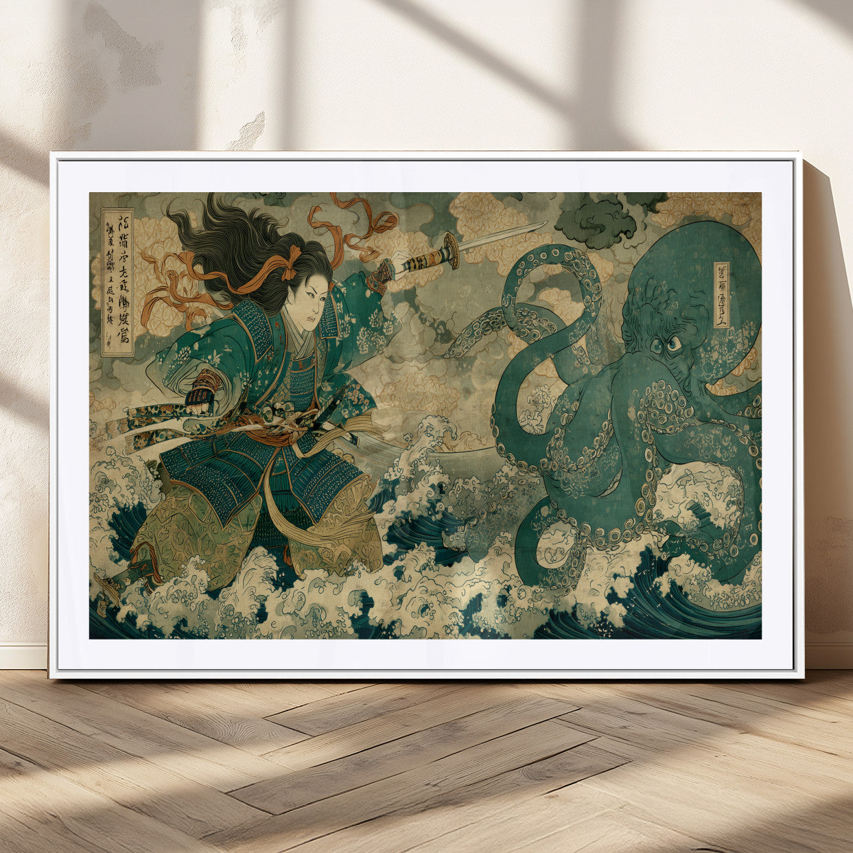 Tsukioka Yoshitoshi Samurai Wall Art Print, Japanese Katana Warrior Canvas Wall Art, Octopus Sea Monster Canvas Print,