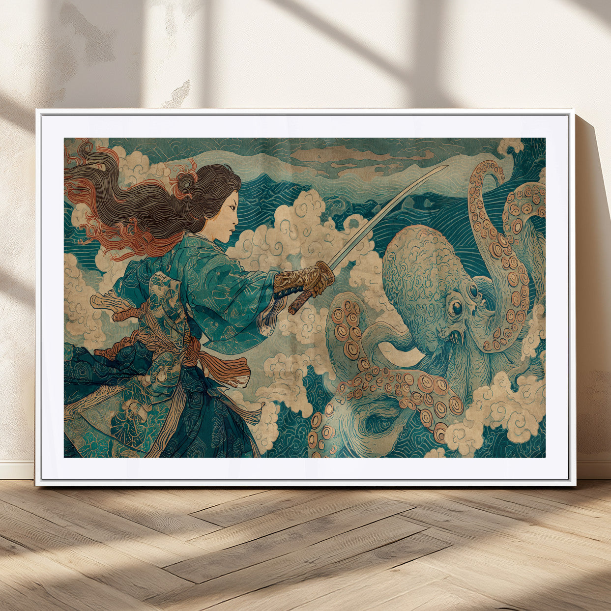 Tsukioka Yoshitoshi Samurai Wall Art Print, Japanese Katana Warrior Canvas Wall Art, Octopus Sea Monster Canvas Print,