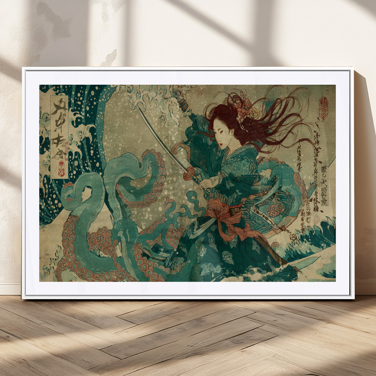 Tsukioka Yoshitoshi Samurai Wall Art Print, Japanese Katana Warrior Canvas Wall Art, Octopus Sea Monster Canvas Print,