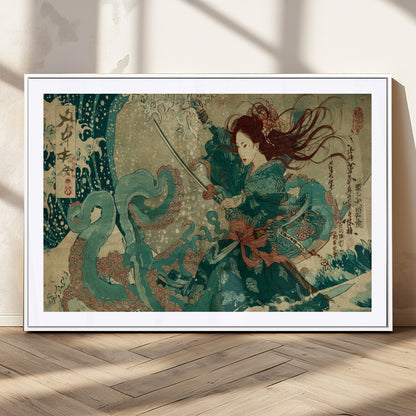 Tsukioka Yoshitoshi Samurai Wall Art Print, Japanese Katana Warrior Canvas Wall Art, Octopus Sea Monster Canvas Print,