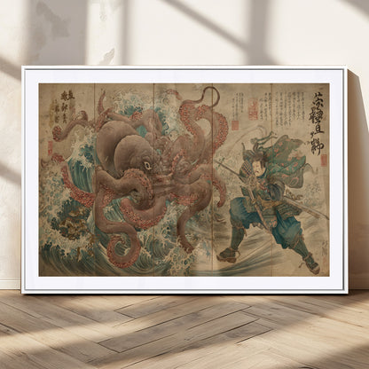 Tsukioka Yoshitoshi Samurai Wall Art Print, Japanese Katana Warrior Canvas Wall Art, Octopus Sea Monster Canvas Print,
