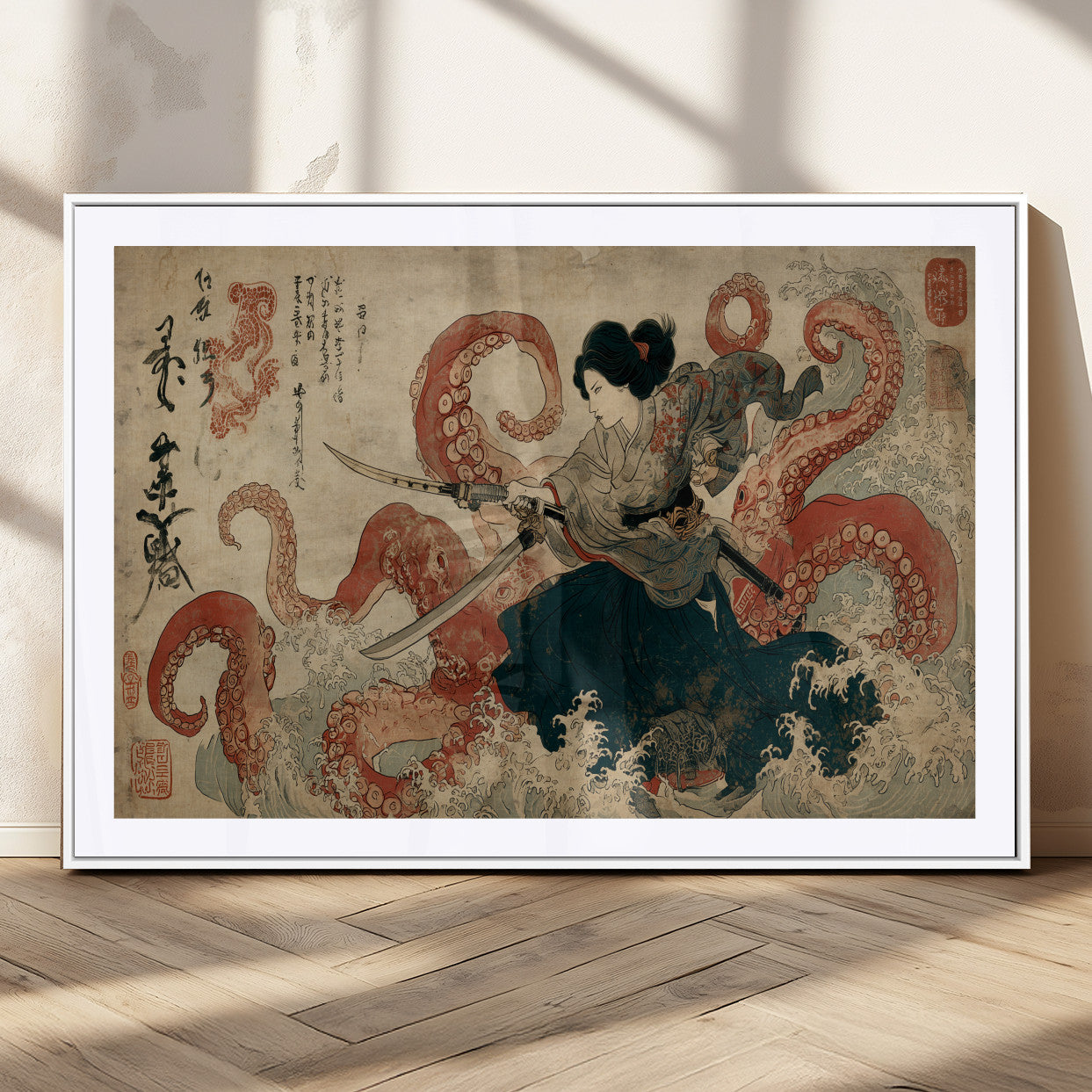 Tsukioka Yoshitoshi Samurai Wall Art Print, Japanese Katana Warrior Canvas Wall Art, Octopus Sea Monster Canvas Print,