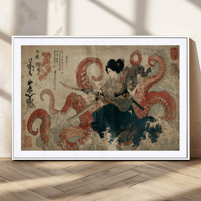 Tsukioka Yoshitoshi Samurai Wall Art Print, Japanese Katana Warrior Canvas Wall Art, Octopus Sea Monster Canvas Print,