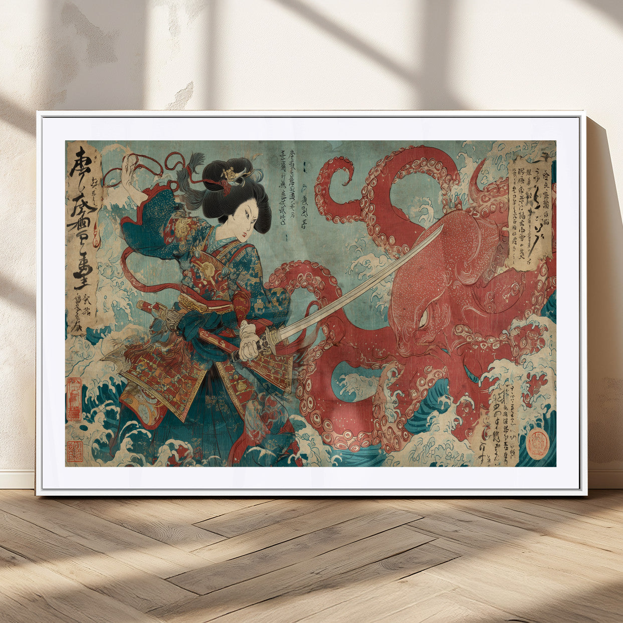 Tsukioka Yoshitoshi Samurai Wall Art Print, Japanese Katana Warrior Canvas Wall Art, Octopus Sea Monster Canvas Print,