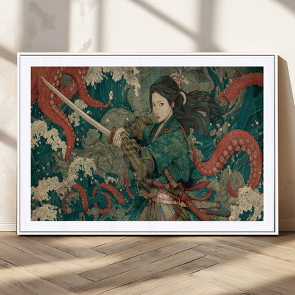 Tsukioka Yoshitoshi Samurai Wall Art Print, Japanese Katana Warrior Canvas Wall Art, Octopus Sea Monster Canvas Print,