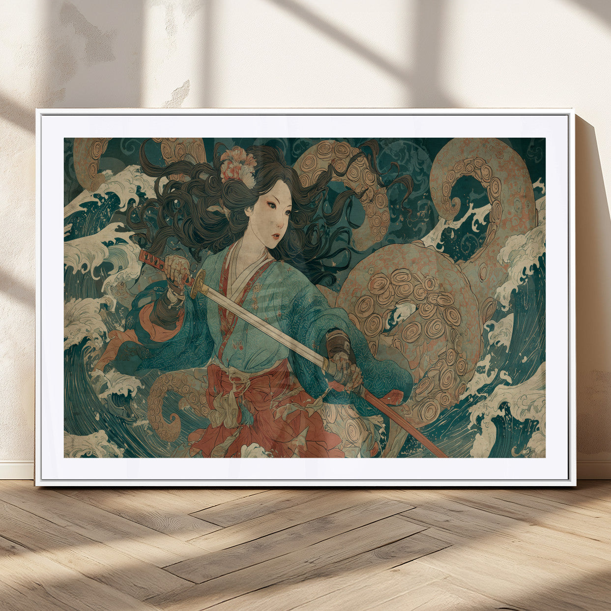 Tsukioka Yoshitoshi Samurai Wall Art Print, Japanese Katana Warrior Canvas Wall Art, Octopus Sea Monster Canvas Print,