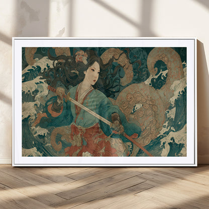 Tsukioka Yoshitoshi Samurai Wall Art Print, Japanese Katana Warrior Canvas Wall Art, Octopus Sea Monster Canvas Print,