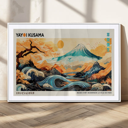 Modern Japanese-style art print featuring a stylized Mount Fuji, flowing waves, and vibrant landscapes in bold colors, inspired by traditional and contemporary aesthetics.