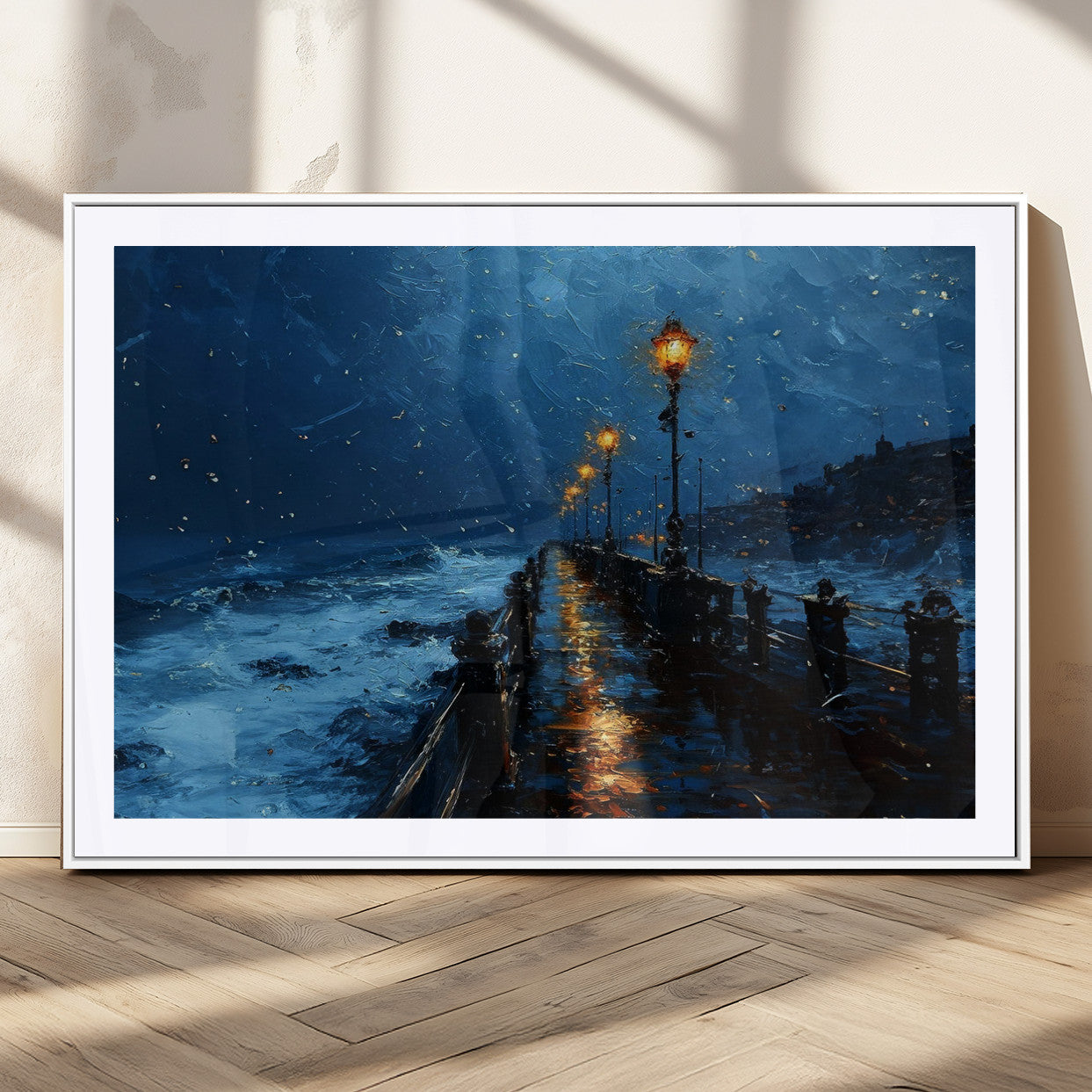"Impressionistic painting of a rainy pier at night with glowing street lamps reflecting on the wet surface, ocean waves crashing under a dark blue sky."