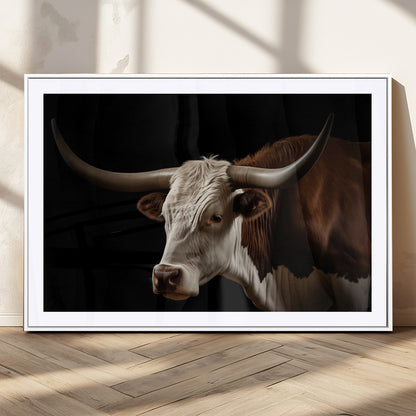 "Close-up of a brown and white longhorn cow with prominent curved horns against a black background."