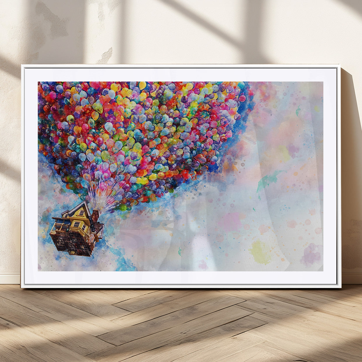 Whimsical canvas of the house from the movie Up flying with colorful balloons, ideal for Pixar or animation-themed decor.