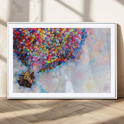 Whimsical canvas of the house from the movie Up flying with colorful balloons, ideal for Pixar or animation-themed decor.