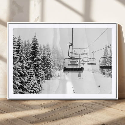 Black and white canvas of empty ski lifts over a snowy pine forest, perfect for minimal winter or ski lodge-inspired decor.