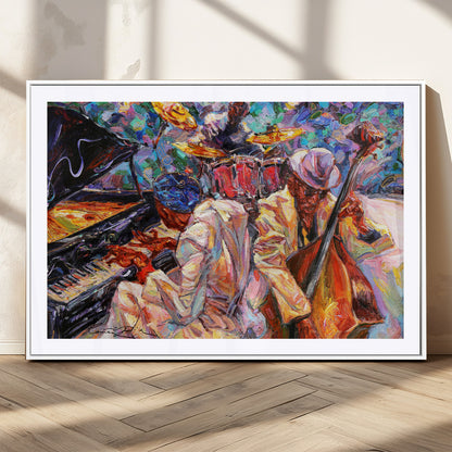 Vibrant oil painting of a jazz band with piano, saxophone, and bass, ideal for colorful and expressive music-themed home decor.