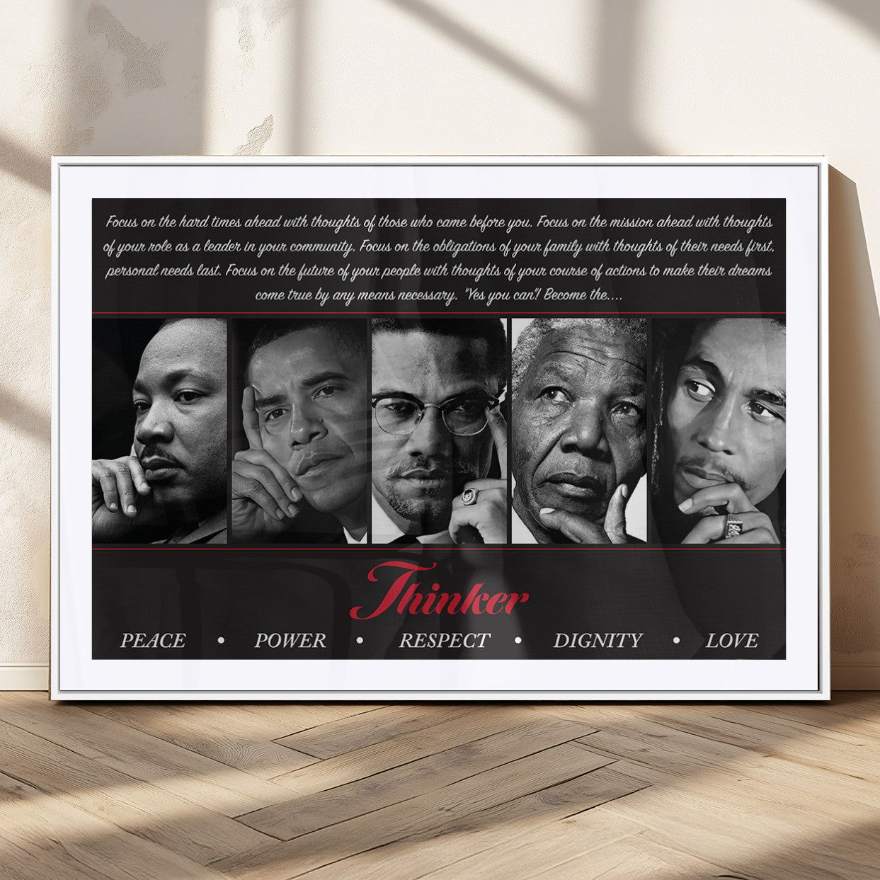 Monochrome canvas of iconic Black leaders with a powerful quote, perfect for modern spaces with a cultural or motivational theme.