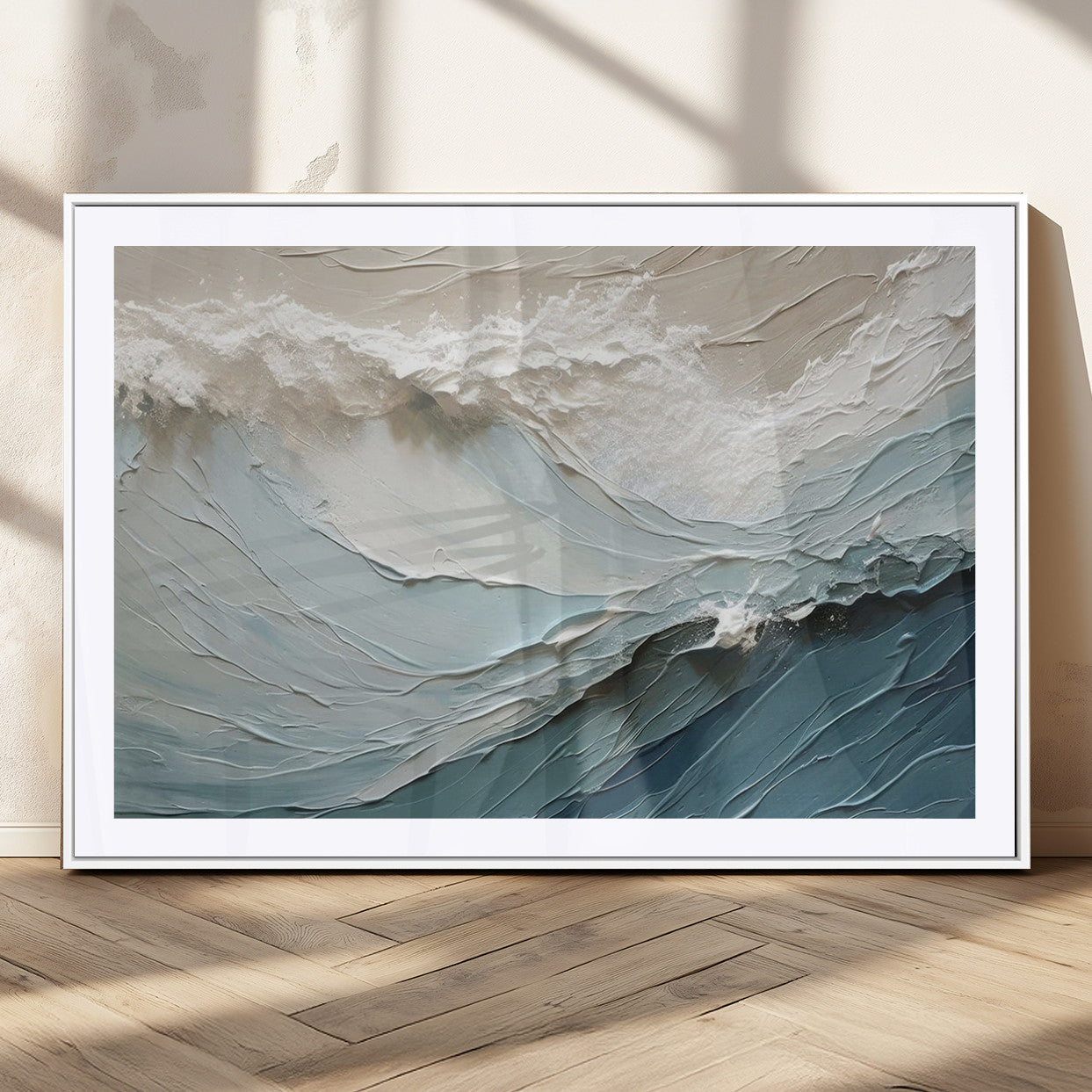 Textured canvas of ocean waves in soft coastal blues and creamy whites, ideal for modern or minimalist coastal-style interiors.
