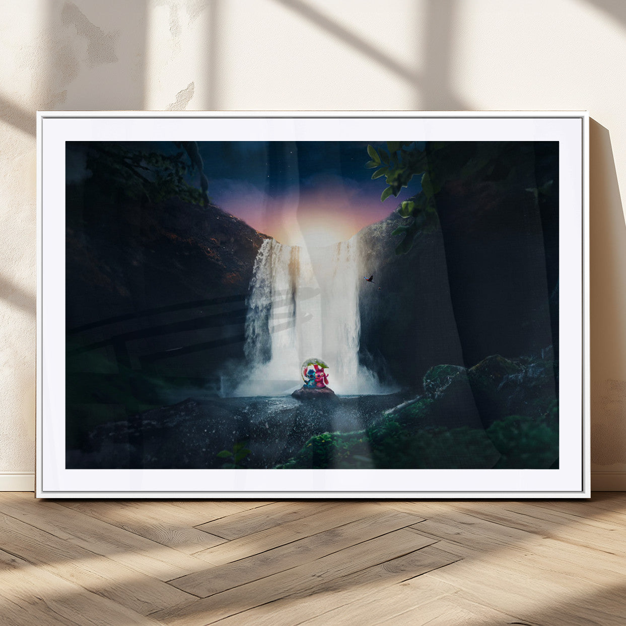Romantic scene of Stitch and Angel sitting under a leaf in front of a glowing waterfall, ideal for tropical or fantasy-themed decor.