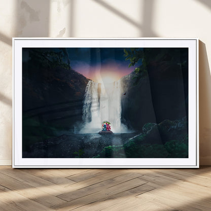 Romantic scene of Stitch and Angel sitting under a leaf in front of a glowing waterfall, ideal for tropical or fantasy-themed decor.
