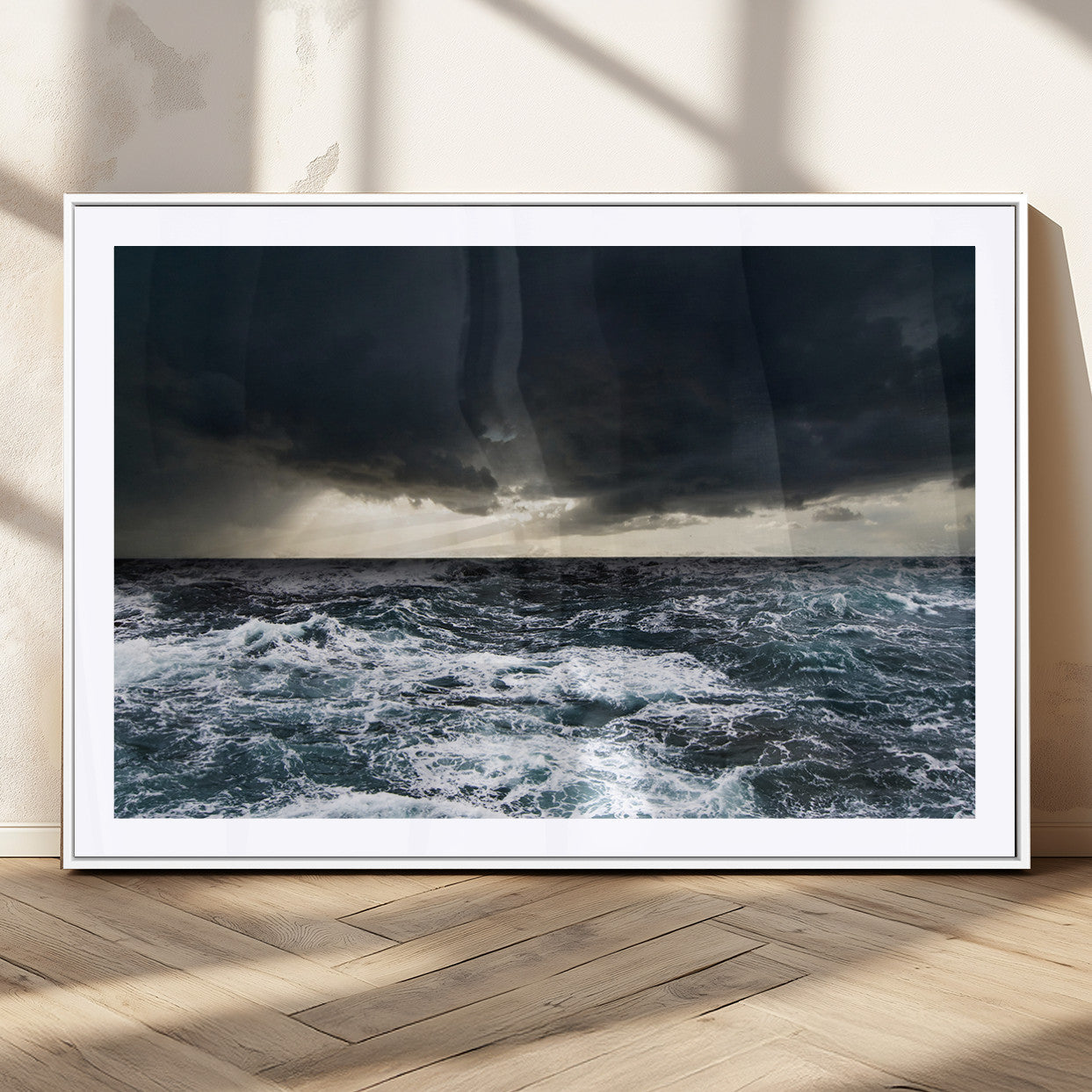 Moody ocean scene with stormy skies and crashing waves, perfect for dramatic or coastal-style home wall decor.
