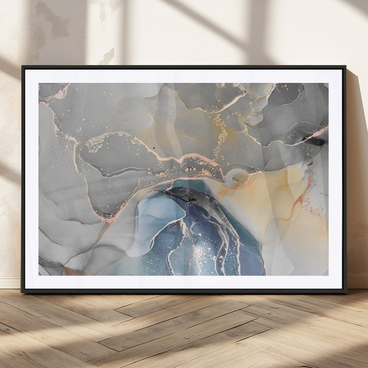63211-MGC-FP-36x24_Black-Abstract Fluid Art Wall Decor – Blue, Gray & Gold Canvas Print, Modern Home and Office Wall Art Decor for Living Room, Bedroom or Workspace