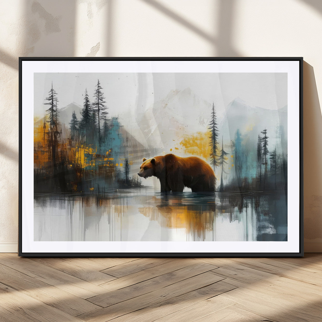 A majestic bear stands by the serene waters of a misty forest, surrounded by towering trees and distant mountains, evoking the raw beauty and wild spirit of nature.