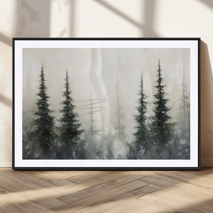 Soft and misty pine forest painting in neutral earthy tones, ideal for calm woodland or minimalist rustic home decor.