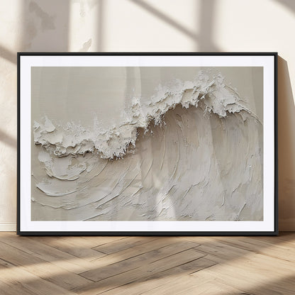 Textured canvas of an abstract white ocean wave in neutral tones, ideal for modern coastal or minimalist home decor.