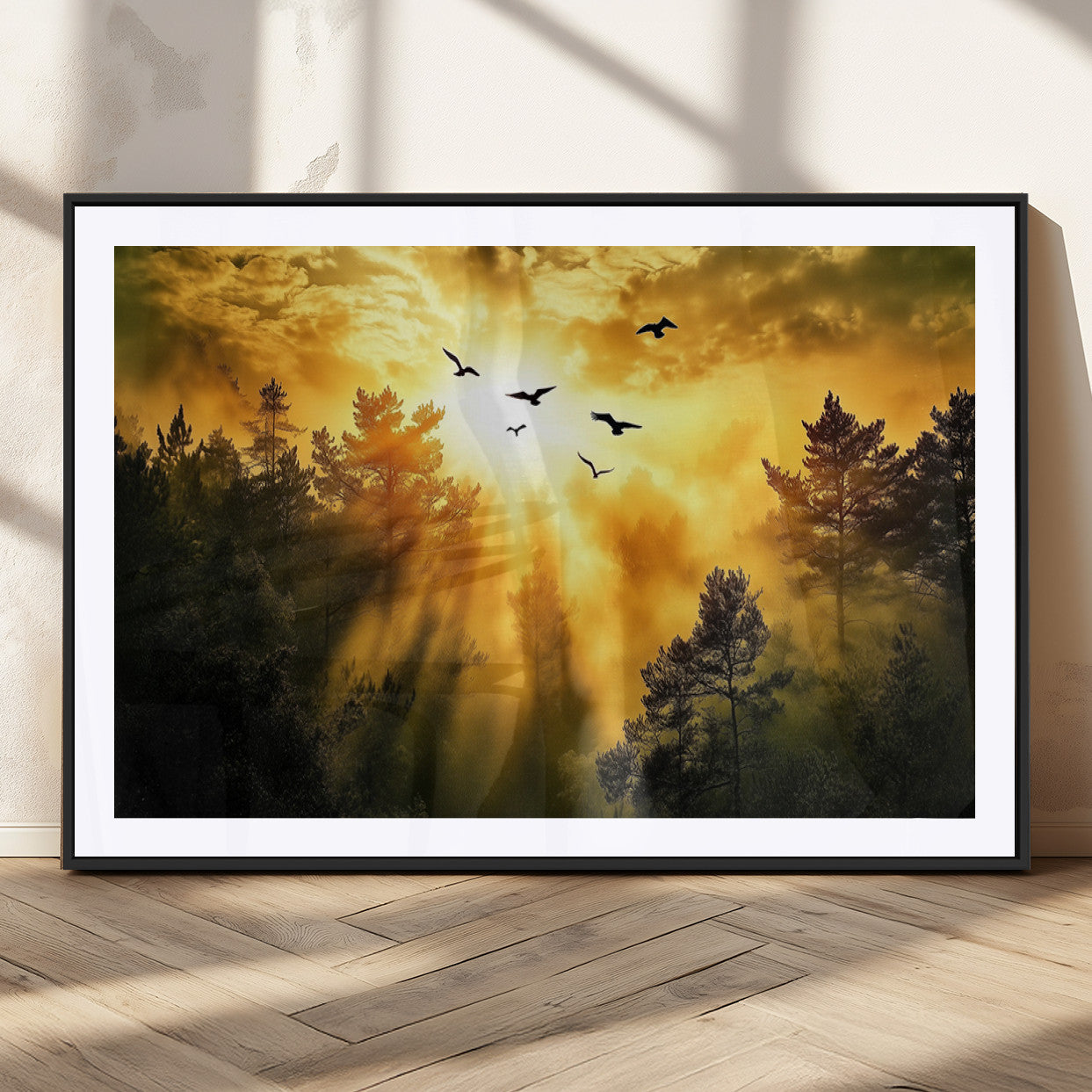 Canvas of a golden forest at sunset with birds flying through glowing sunbeams and silhouetted pine trees, ideal for warm-toned rustic decor.