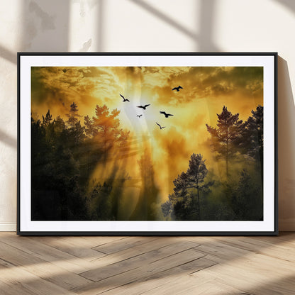 Canvas of a golden forest at sunset with birds flying through glowing sunbeams and silhouetted pine trees, ideal for warm-toned rustic decor.