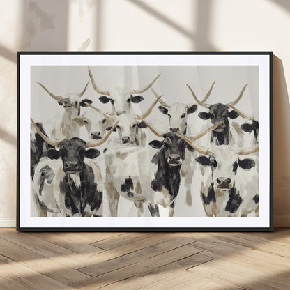 Canvas of a Texas Longhorn cattle herd in neutral black and white tones, ideal for rustic farmhouse or western-themed decor.