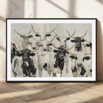 Canvas of a Texas Longhorn cattle herd in neutral black and white tones, ideal for rustic farmhouse or western-themed decor.