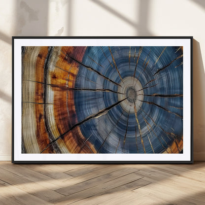 A stunning close-up view of a tree trunk, showcasing the intricate growth rings in a vibrant mix of warm browns, cool blues, and hints of natural texture.