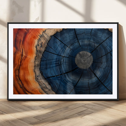 A captivating close-up of a tree trunk, showcasing its concentric rings in rich shades of blue, orange, and brown, highlighting the organic patterns of natural wood.