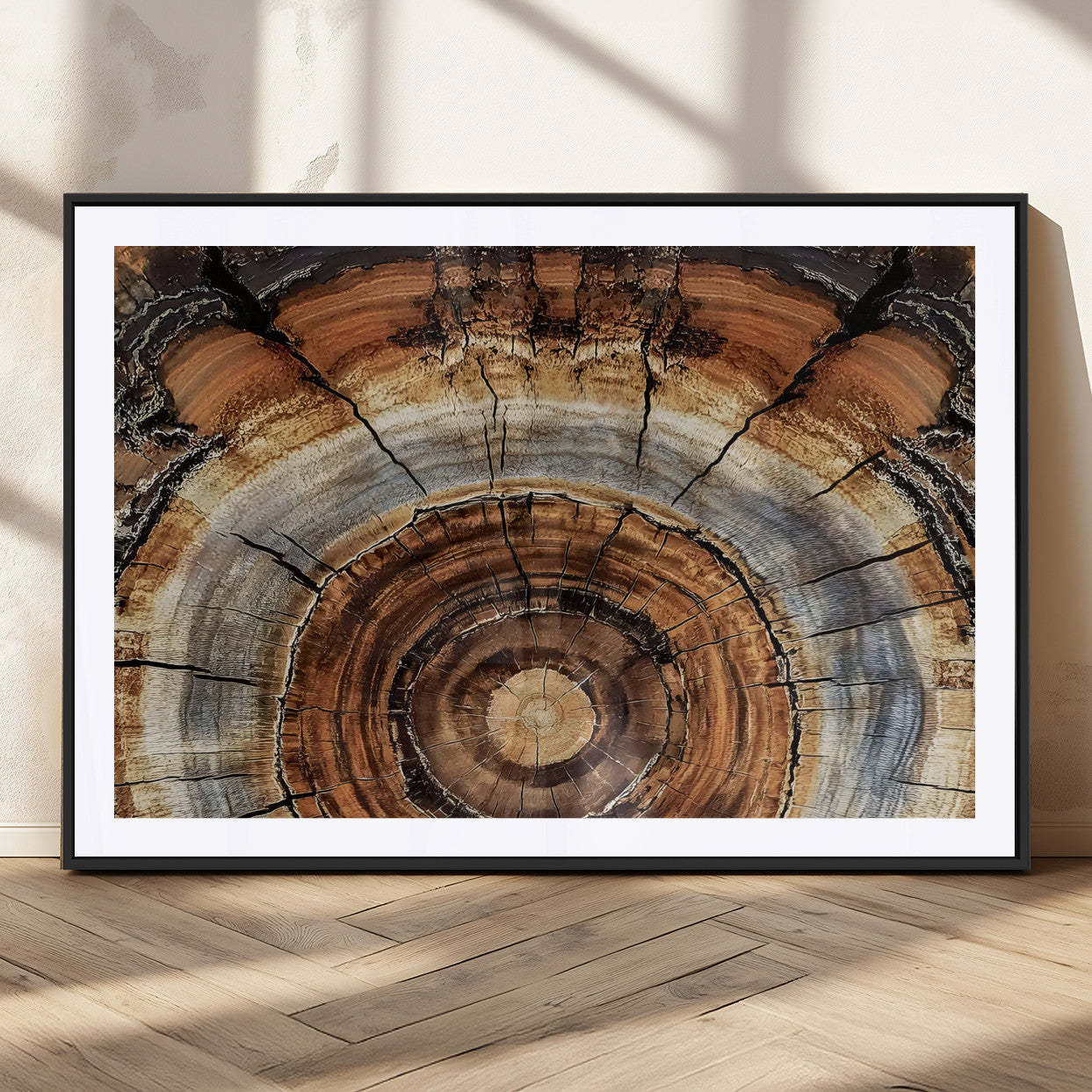 Canvas of tree rings and natural wood grain in earthy tones, ideal for rustic or vintage-inspired home decor with organic textures.