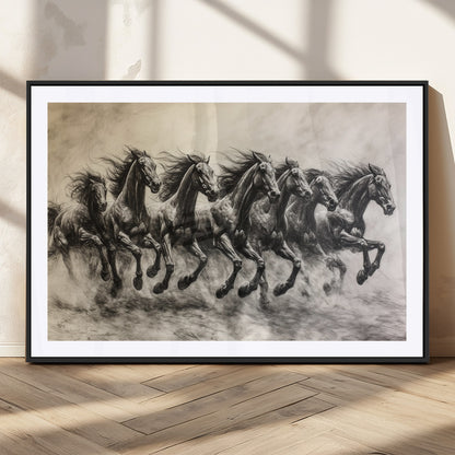 Monochrome drawing of a herd of galloping horses, perfect for dynamic and wild-themed decor in any equestrian or nature-inspired room.