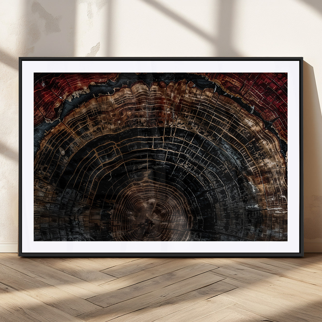 Dark Wood Wall Art Print - Petrified Tree Canvas Print, featuring an intricate tree ring pattern with deep earthy tones and organic textures, perfect for rustic and nature-inspired decor.