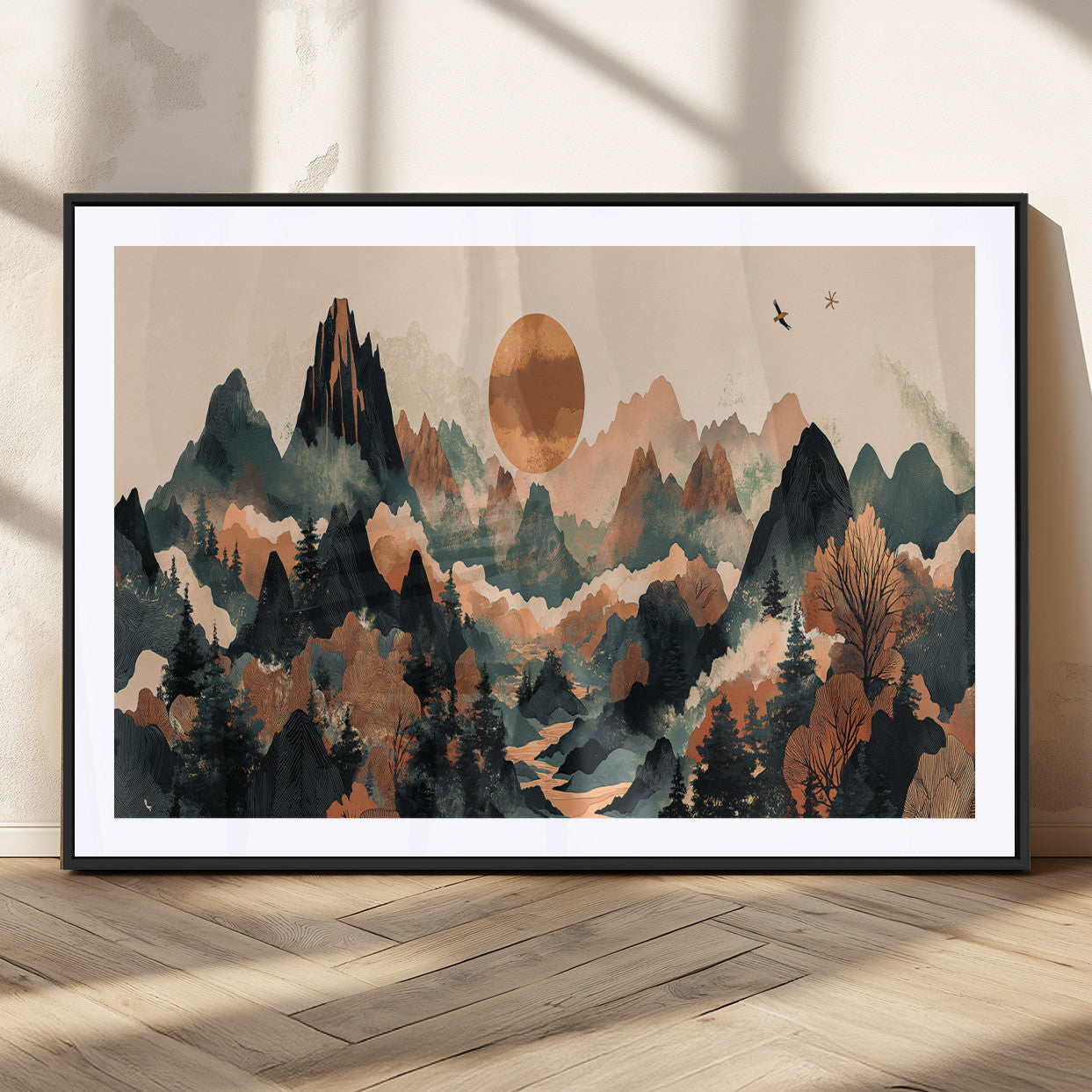 Mountain Landscape Wall Art Print - Sunset Hills Canvas Print, featuring an abstract nature scene with earthy tones and misty peaks, perfect for boho and modern decor.