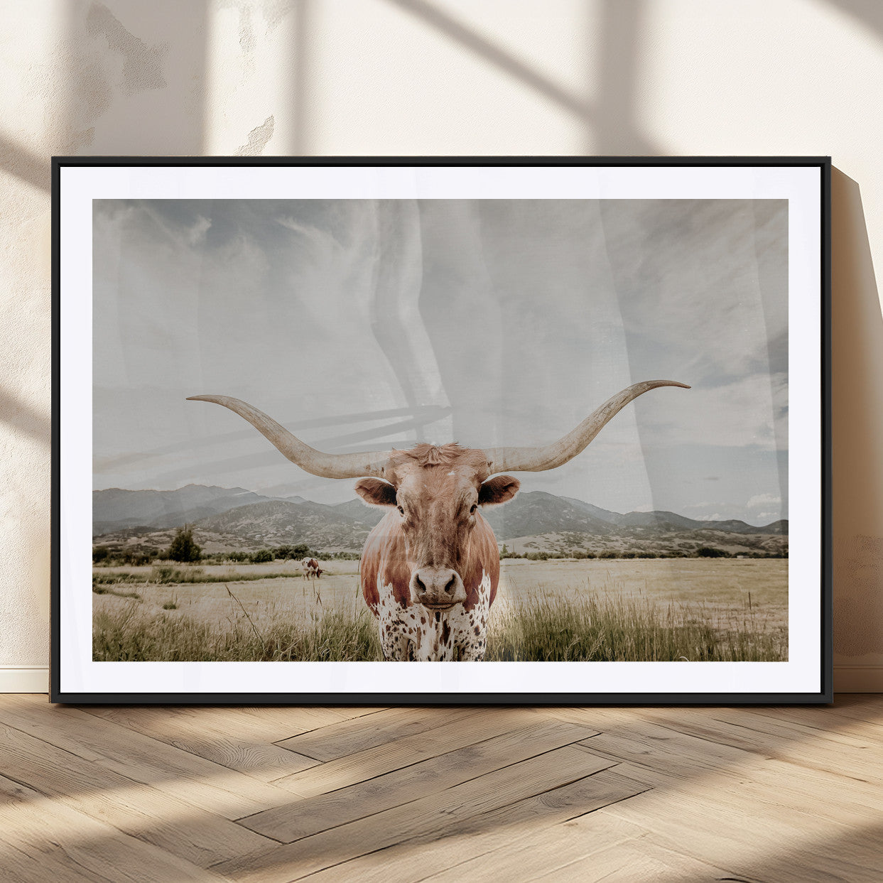 Longhorn Wall Art Print - Western Cow Canvas Print, featuring a majestic Texas longhorn in a rustic prairie setting, perfect for farmhouse and western decor.