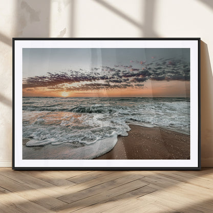 Ocean Sunset Wall Art Print - Beach Waves Canvas Print, featuring a serene seascape with golden sunlight reflecting on gentle waves, perfect for coastal and minimalist decor.