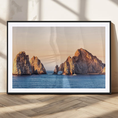 Framed canvas of El Arco rock formation in Cabo San Lucas at golden hour, ideal for coastal landmark or ocean-inspired decor.