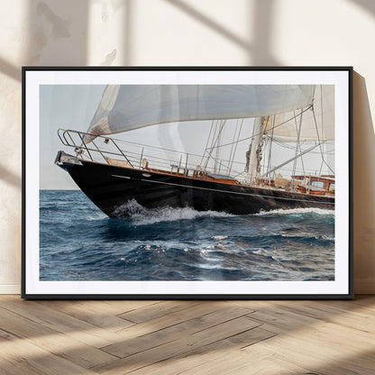 Close-up of a classic sailing yacht with wooden deck and full sails, perfect for nautical or coastal-style decor in ocean-themed spaces.