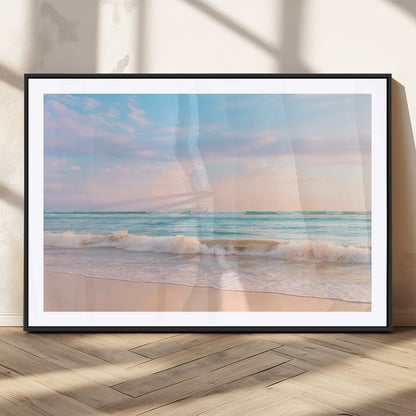 Pastel-toned ocean waves under soft sunset skies, ideal for pastel coastal or serene beach-style home decor.