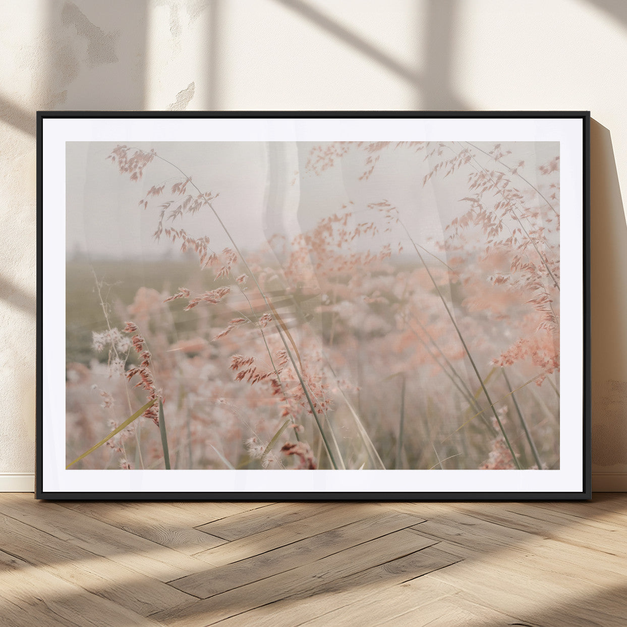 Soft pastel field with wild grasses in warm light, ideal for minimal nature or airy countryside-inspired interior wall decoration.